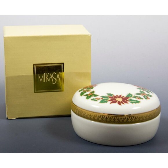 Mikasa Holiday Elegance Porcelain Poinsettia Covered Box 3.5" FK001/420 NEW - Picture 2 of 6